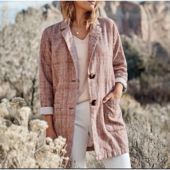 J. Jill Harper Henna Oversized Relaxed Fit-Linen/Cotton-M-Boyfriend Blazer-Plaid - Picture 1 of 6